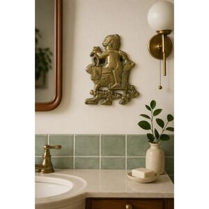 Vintage Brass Child Bath Frog Wall Plaque Nursery Bathroom Decor Mid Century